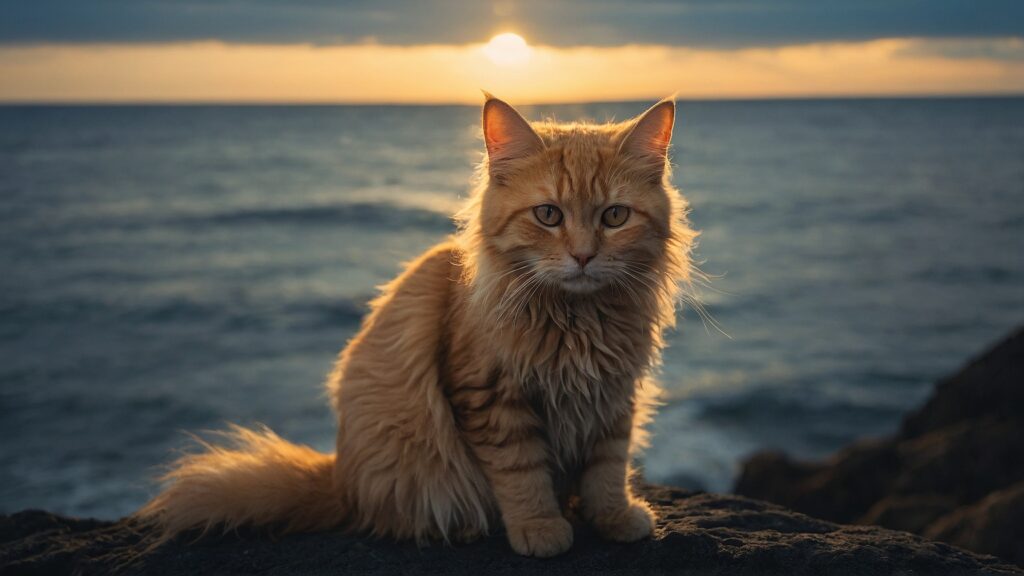 夕日の海辺にいる猫